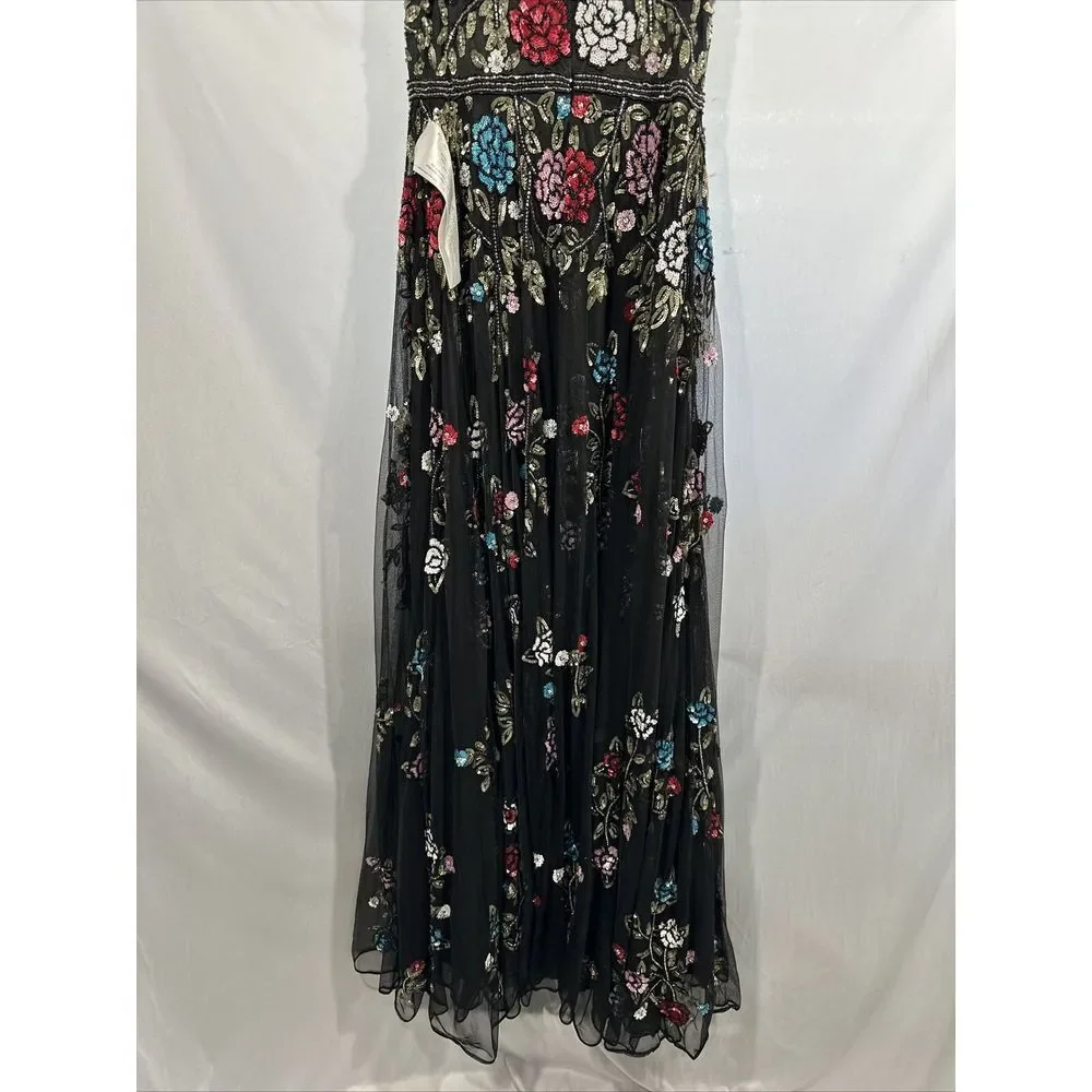 NWT $698 Mac Duggal [ 8 ] V Neck‎ Embellished Floral Sequined Gown Black #G1635 - Picture 15 of 15
